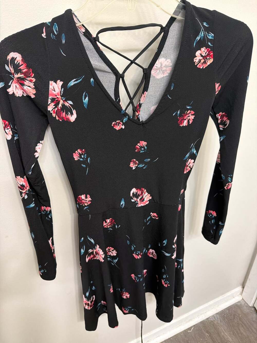 Aeropostale Black Floral Mini Dress XS Lace Up Corset Back Long Sleeve Y2K